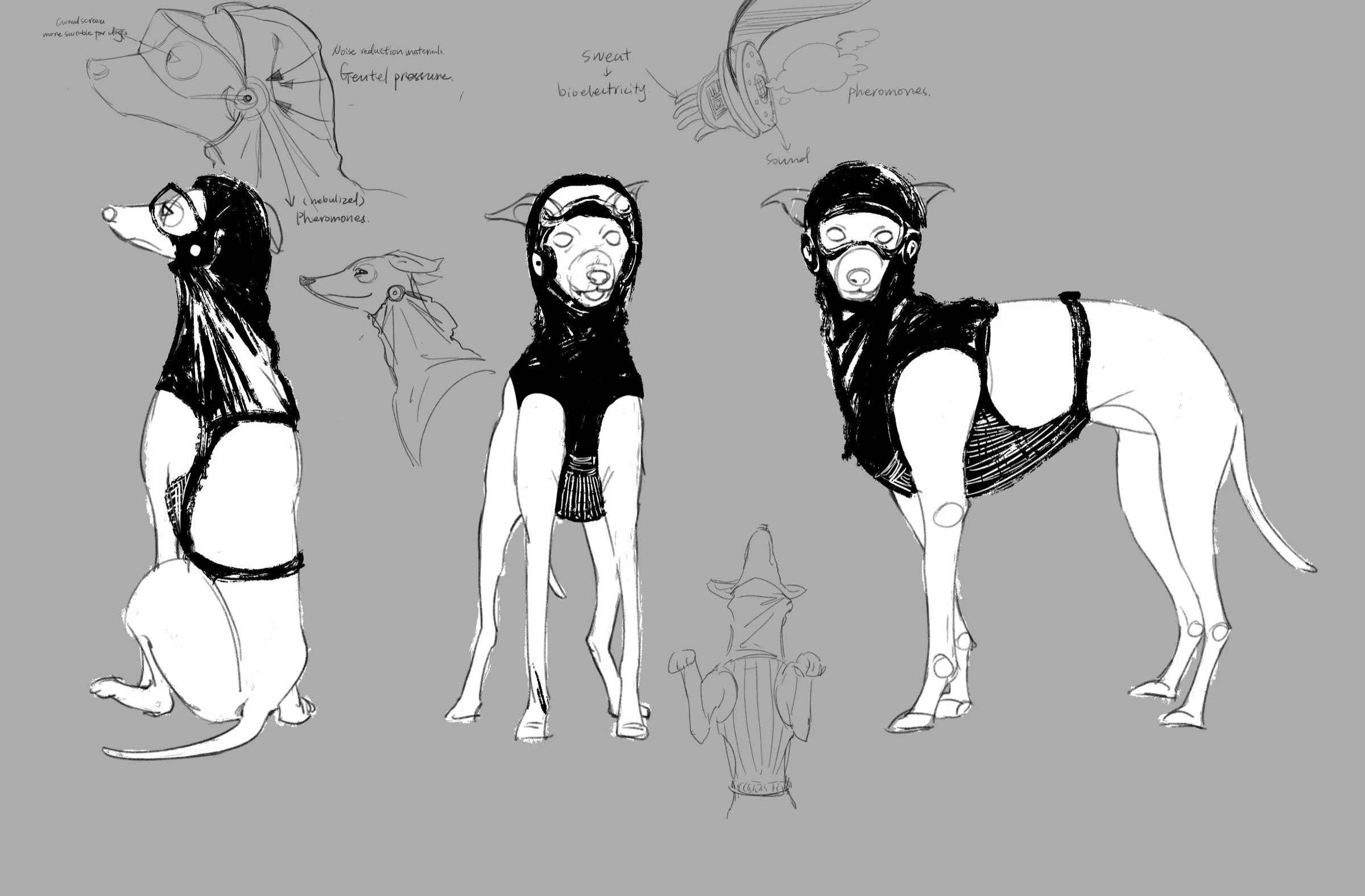 Line drawing of three armoured hound-like figures.