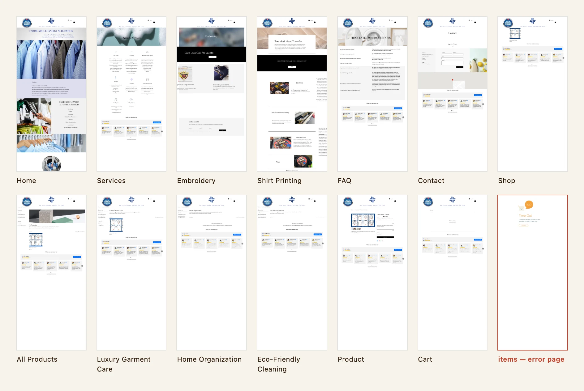 Contact sheet of all fourteen pages of the current Fabricare site, captured full length.